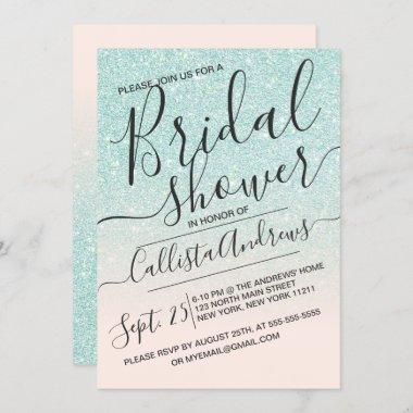 Blue Pink Sparkly Glitter Ombre Bridal Shower Invitations