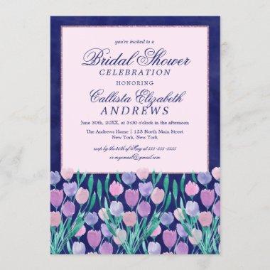 Blue Pink Tulips Floral Watercolor Bridal Shower Invitations
