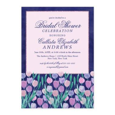 Blue Pink Tulips Floral Watercolor Bridal Shower Invitations