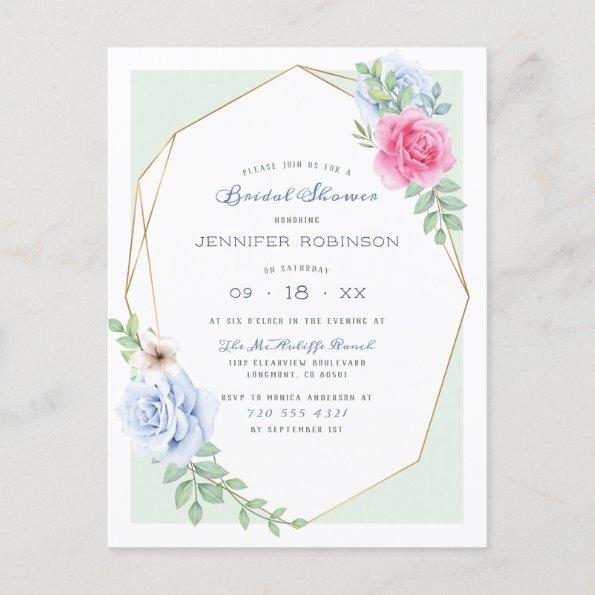 Blue & Pink Watercolor Roses Floral Bridal Shower Invitation PostInvitations