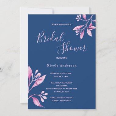 Blue pink watercolored floral fall bridal shower Invitations