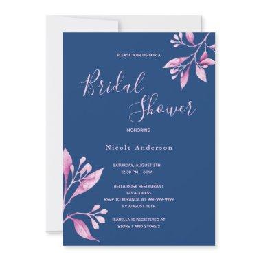 Blue pink watercolored floral fall bridal shower Invitations