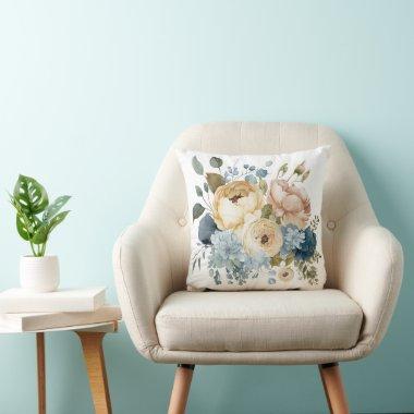 Blue Pink White Floral Flowers Greenery Watercolor Throw Pillow