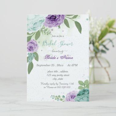 blue purple flowers green leaves bridal shower Invitations