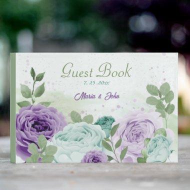 blue purple flowers greenery wedding guest book