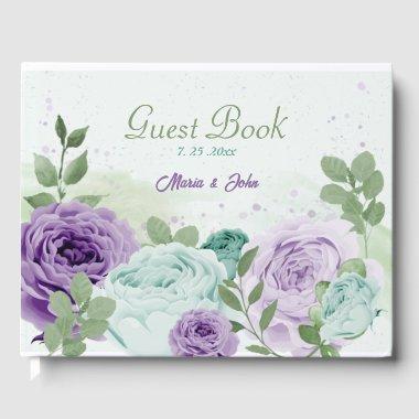 blue purple flowers greenery wedding guest book