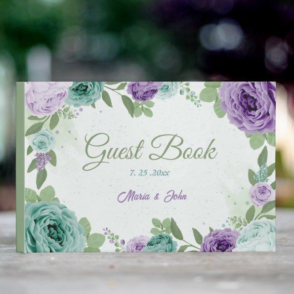 blue purple flowers greenery wedding guest book
