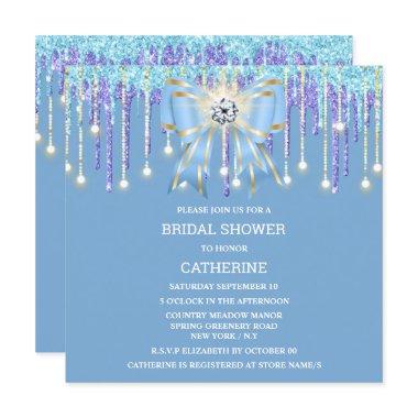 Blue purple glitter diamond bow shimmer lights Invitations