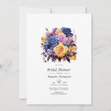 Blue, Purple, Gold, and Black Floral Bridal Shower Invitations