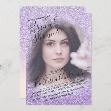 Blue Purple Sparkly Glitter Photo Bridal Shower Invitations
