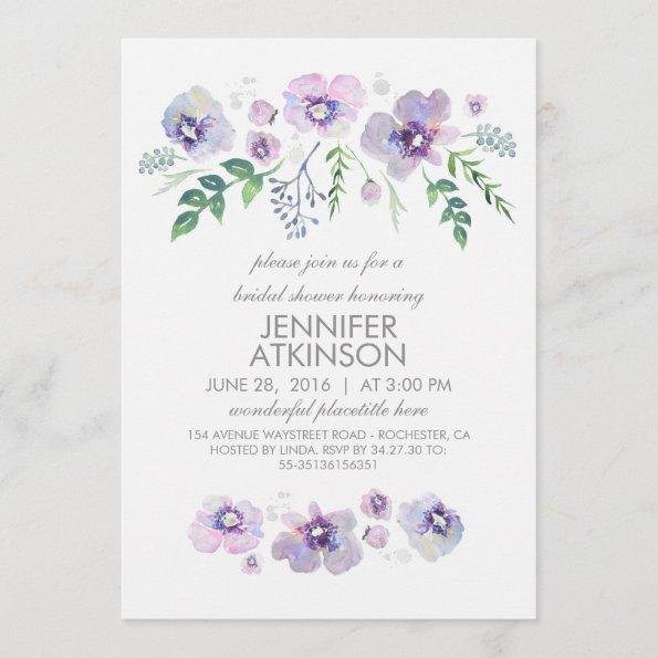 Blue Purple Watercolor Flowers Bridal Shower Invitations