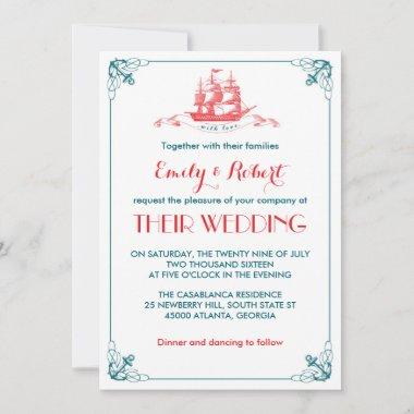 Blue Red Vintage Ship Anchor Wedding Invitations
