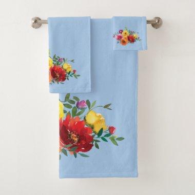 Blue Red Yellow Pink Watercolor Floral Bath Towel Set