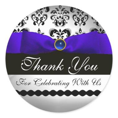 BLUE RIBBON BLACK & WHITE DAMASK Sapphire Classic Round Sticker