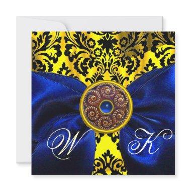 BLUE RIBBON GOLD YELLOW BLACK DAMASK MONOGRAM Invitations