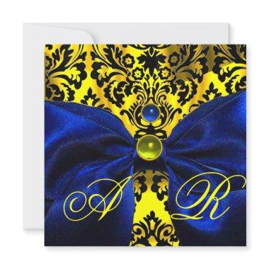 BLUE RIBBON GOLD YELLOW BLACK DAMASK MONOGRAM Invitations