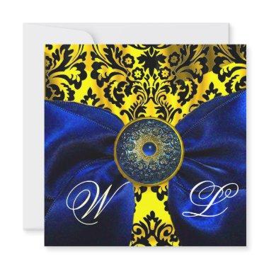 BLUE RIBBON GOLD YELLOW BLACK DAMASK MONOGRAM Invitations