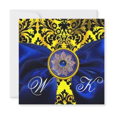 BLUE RIBBON GOLD YELLOW BLACK DAMASK MONOGRAM Invitations