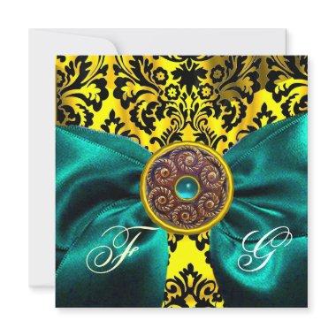 BLUE RIBBON GOLD YELLOW BLACK DAMASK MONOGRAM Invitations