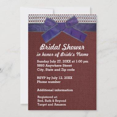 Blue Ribbon, Lace, Red Burlap Bridal Shower Invitations