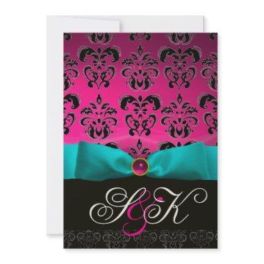 BLUE RIBBON PINK FUCHSIA BLACK DAMASK MONOGRAM Invitations