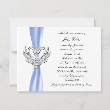 Blue Ribbon Silver Swans Bridal Shower Invitations