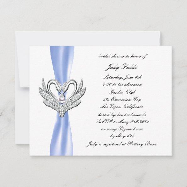 Blue Ribbon Silver Swans Bridal Shower Invitations