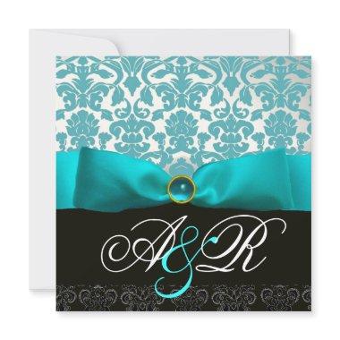 BLUE RIBBON TURQUASE WHITE BLACK DAMASK MONOGRAM