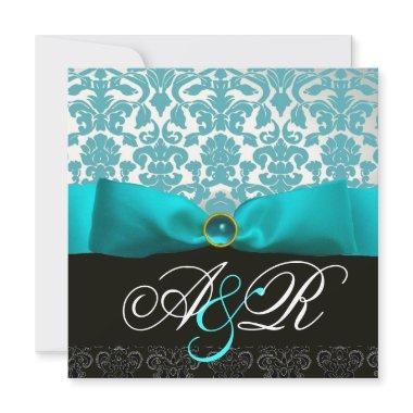 BLUE RIBBON TURQUASE WHITE BLACK DAMASK MONOGRAM Invitations