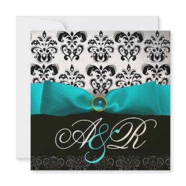 BLUE RIBBON TURQUASE WHITE BLACK DAMASK MONOGRAM Invitations