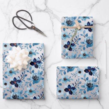 Blue rose daisy pattern silver background wrapping paper sheets