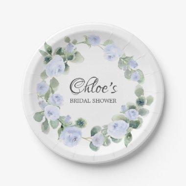 Blue Rose Eucalyptus Bridal Shower Paper Plate