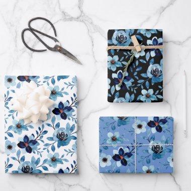 Blue rose floral daisy pattern watercolor art wrapping paper sheets