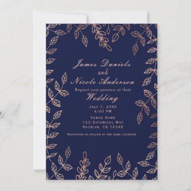 Blue & Rose Gold Glam Botanical Elegant Wedding Invitations