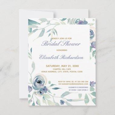 Blue Rose Watercolor Floral back Bridal Shower RSVP Card