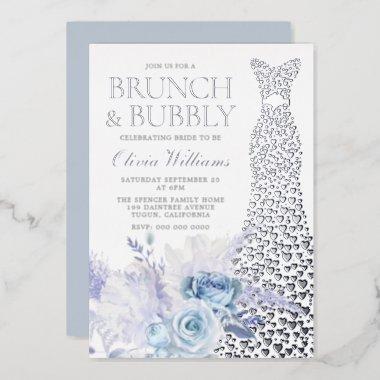 Blue Roses Bridal Shower Brunch & Bubbly Silver Foil Invitations