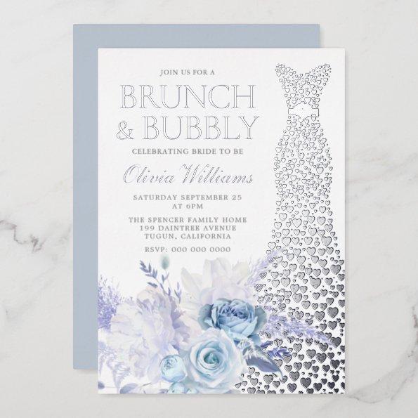 Blue Roses Bridal Shower Brunch & Bubbly Silver Foil Invitations