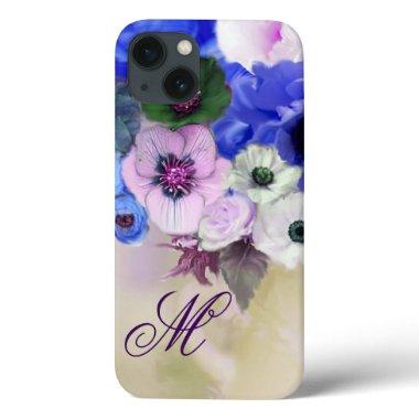 BLUE ROSES, PINK WHITE ANEMONE FLOWERS MONOGRAM iPhone 13 CASE