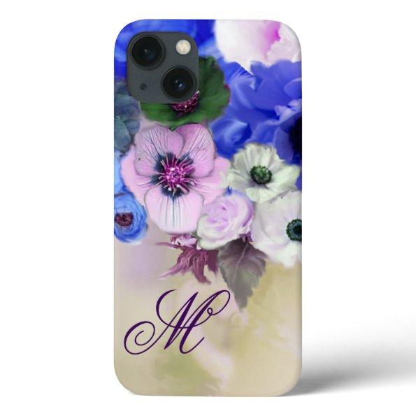 BLUE ROSES, PINK WHITE ANEMONE FLOWERS MONOGRAM iPhone 13 CASE