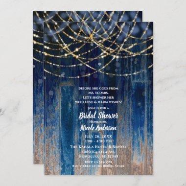 Blue Rustic Coastal Barn Wood Bokeh Bridal Shower Invitations