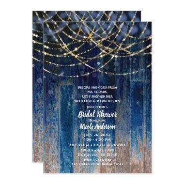 Blue Rustic Coastal Barn Wood Bokeh Bridal Shower Invitations