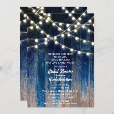 Blue Rustic Coastal Barn Wood Lights Bridal Shower Invitations