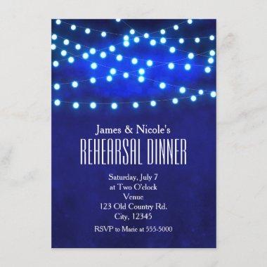 Blue Rustic Night String Lights Rehearsal Dinner Invitations