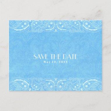 Blue Rustic Paisley Country Western Save The Date Announcement PostInvitations