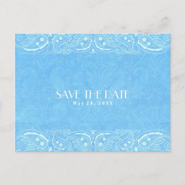 Blue Rustic Paisley Country Western Save The Date Announcement PostInvitations