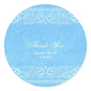 Blue Rustic Paisley Country Western Wedding Classic Round Sticker