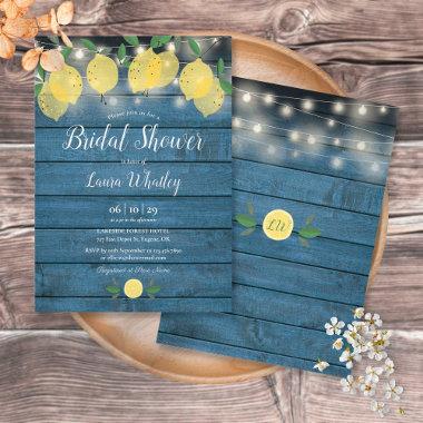 Blue Rustic String Lights Lemons Bridal Shower Invitations