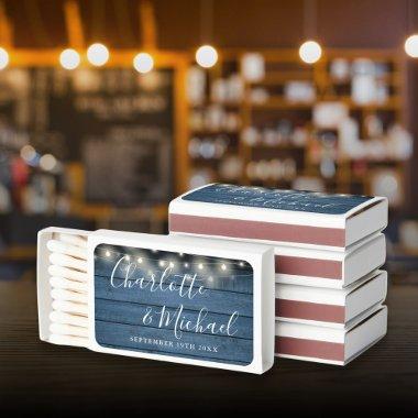 Blue Rustic String Lights Script Wedding Favors Matchboxes