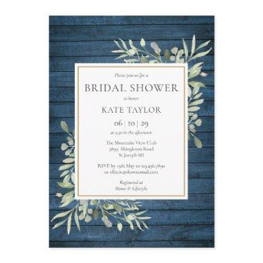 Blue Rustic Wood Country Greenery Bridal Shower Invitations