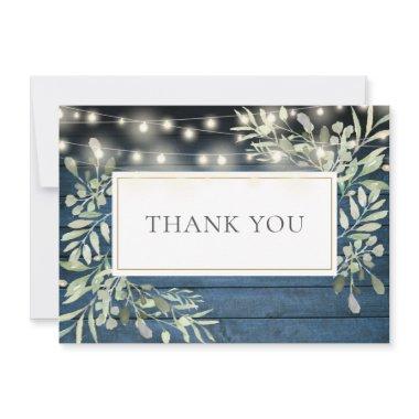 Blue Rustic Wood Elegant String Lights Greenery Thank You Invitations